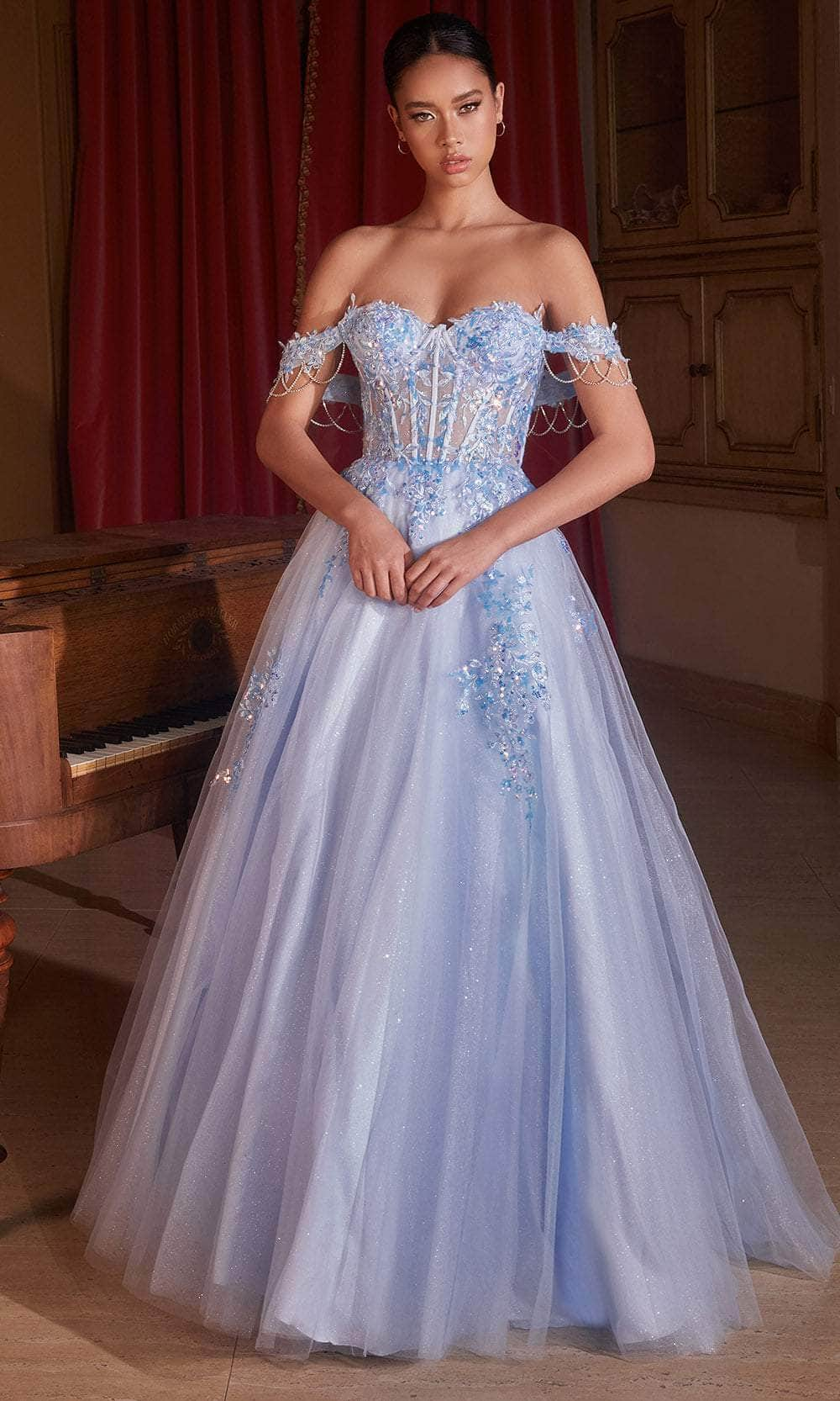 Cinderella Divine CDS490 - Off-Shoulder Lace-Up Back Ballgown Ball Gowns 2 / Lt Blue