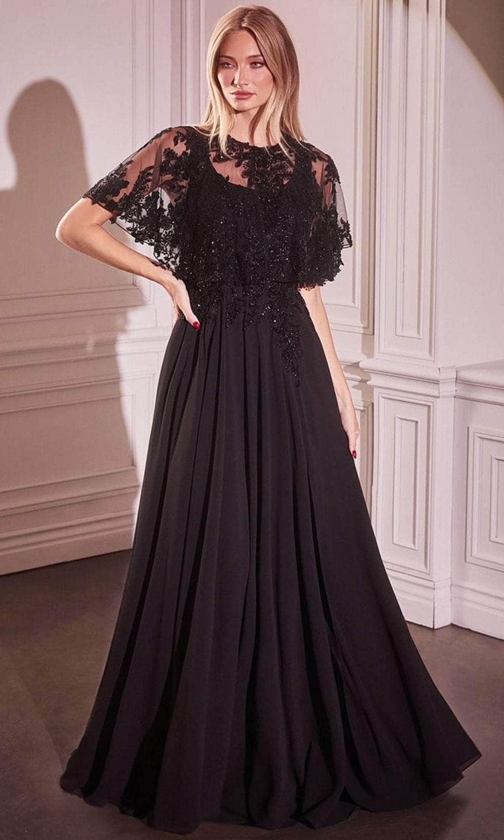 Ladivine CDS503 Chiffon A Line Beaded Lace Dress w/ Removable Cape, Navy / 14 Ladivine CDS503 Chiffon A Line Beaded Lace Dress w/ Removable Cape, Navy / 14