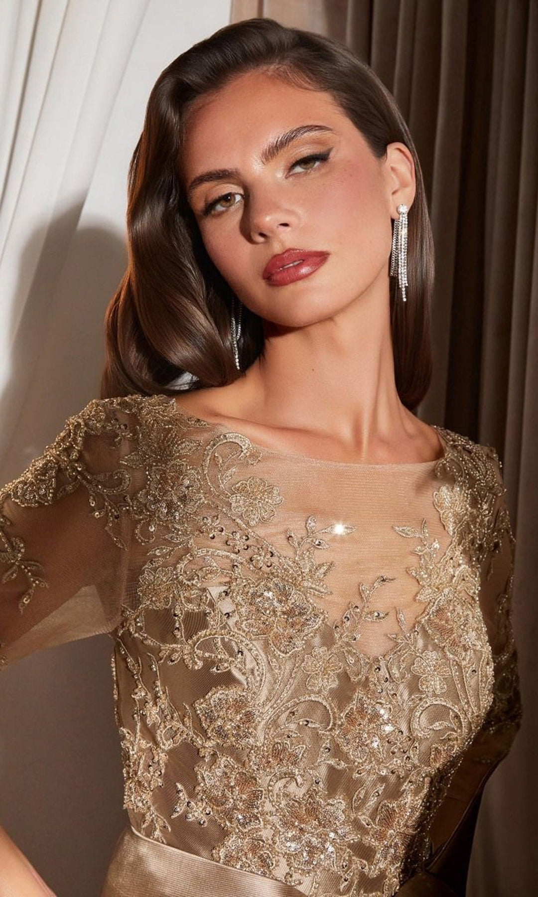 Ladivine CDS569 - Illusion Three-Quarter Sleeve A-Line Prom Gown