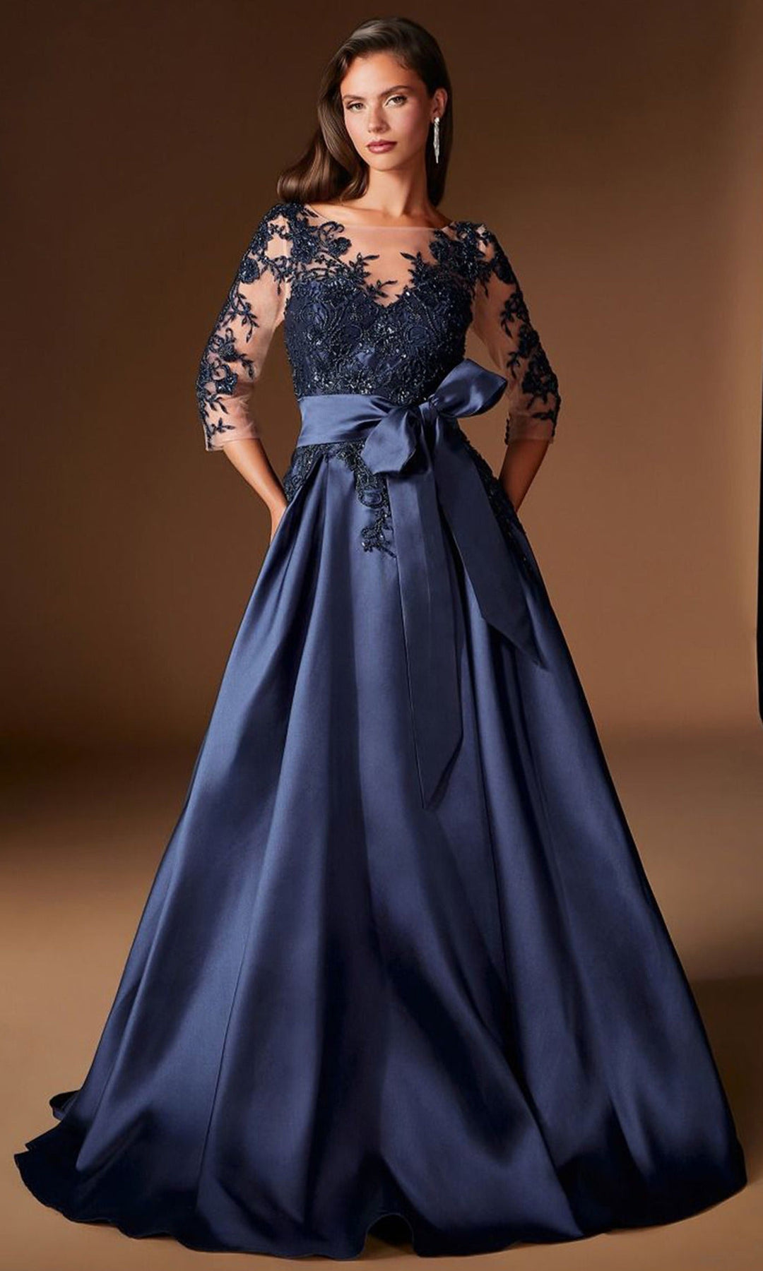Ladivine CDS569 - Illusion Three-Quarter Sleeve A-Line Prom Gown