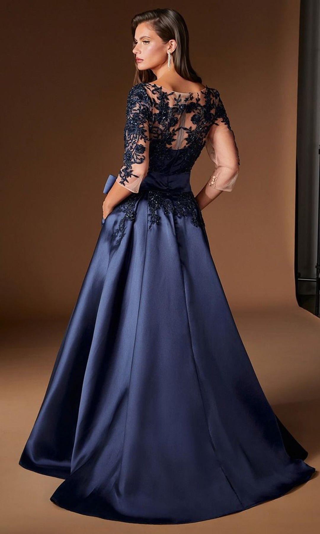 Ladivine CDS569 - Illusion Three-Quarter Sleeve A-Line Prom Gown
