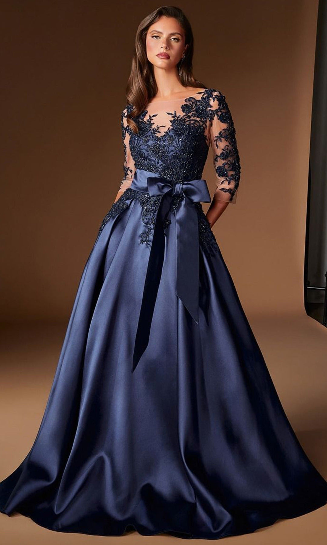 Ladivine CDS569 - Illusion Three-Quarter Sleeve A-Line Prom Gown