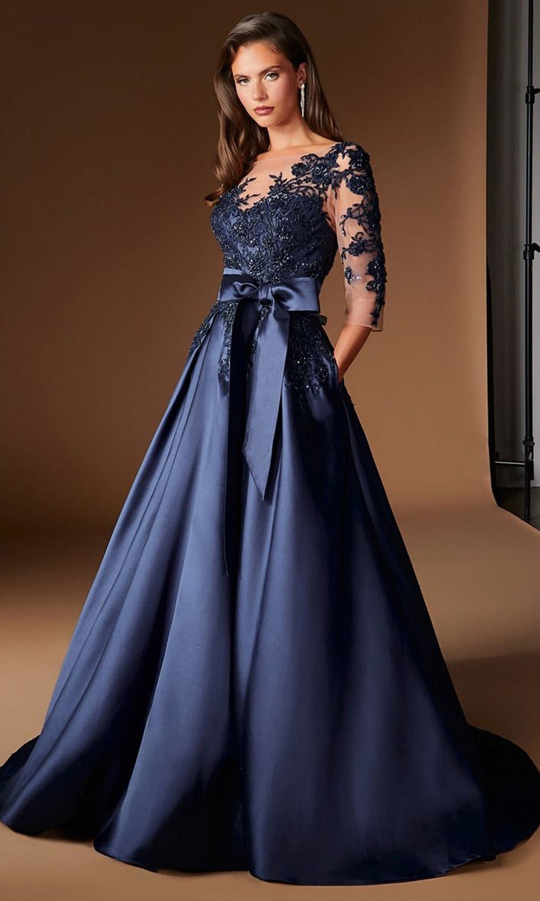 Ladivine CDS569 - Illusion Three-Quarter Sleeve A-Line Prom Gown