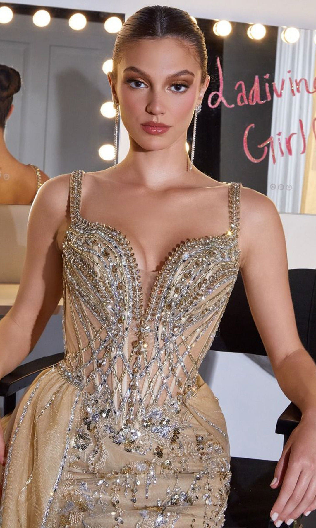 Ladivine CDS570 - Plunging Sweetheart Crystal Beaded Prom Gown