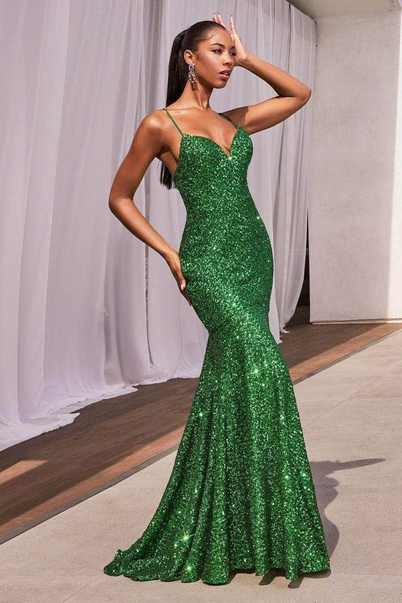 Cinderella Divine CH066 - Spaghetti Strap Sequin Gown Prom Dresses XXS / Emerald