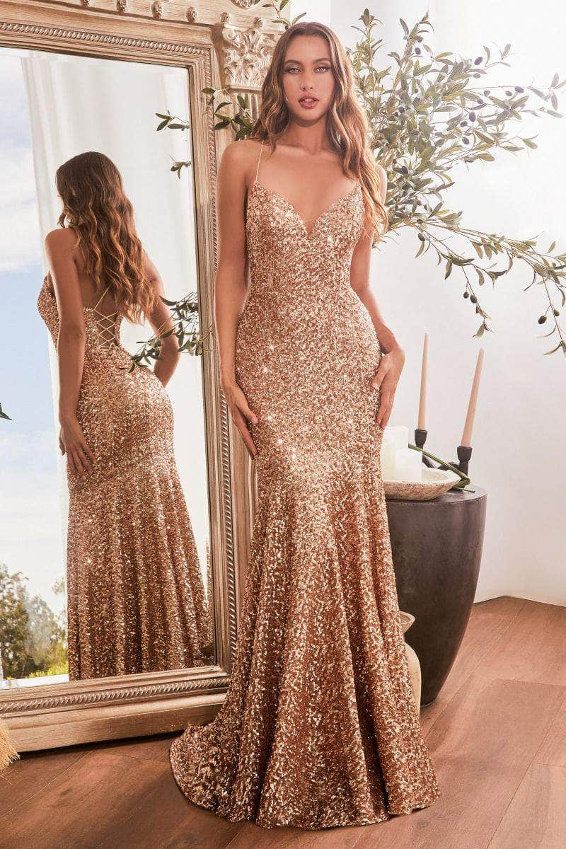 Cinderella Divine CH066 - Spaghetti Strap Sequin Gown Prom Dresses XXS / Rose Gold