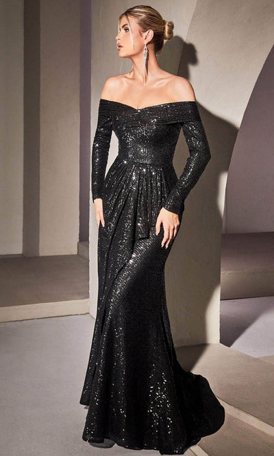 Cinderella Divine CH135 - Draped Sequin Evening Gown Prom Dresses XXS / Black-