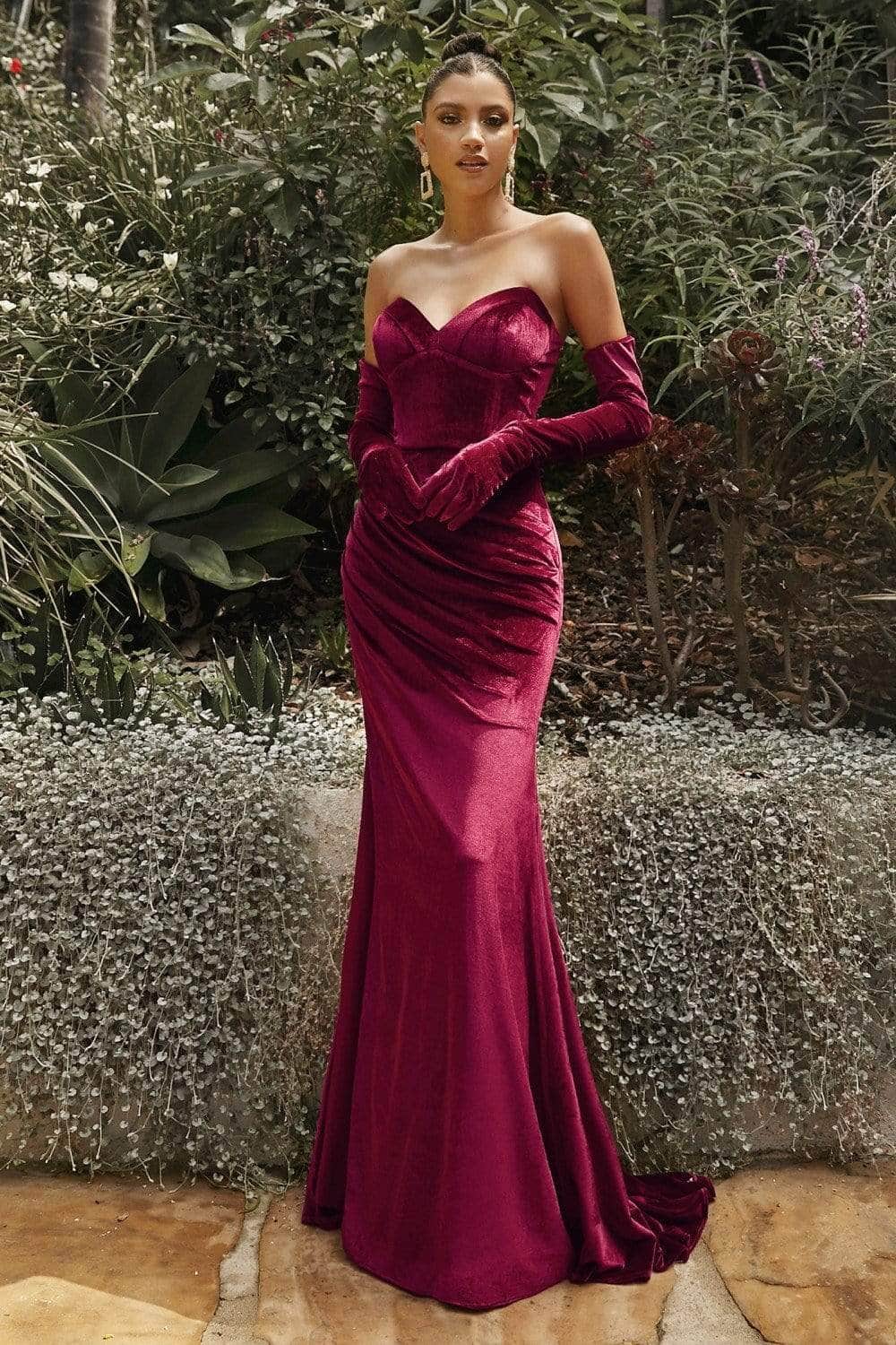 Ladivine CH176 - Long Velvet Mermaid Dress - Side Leg Slit, With Detachable Gloves, Fitted, Sweep Train, Zipper Back ADASA Ladivine CH176 - Long Velvet Mermaid Dress - Side Leg Slit, With Detachable Gloves, Fitted, Sweep Train, Zipper Back ADASA