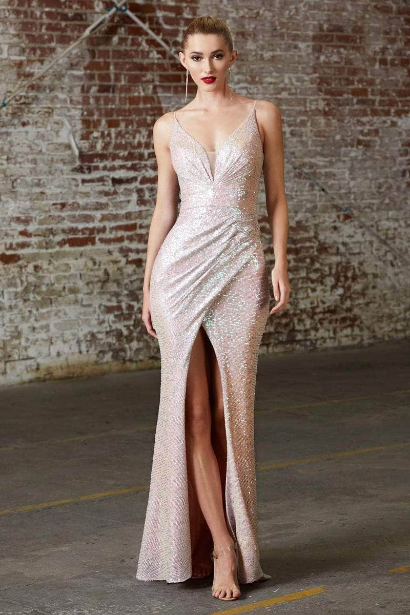 Ladivine CH222 - Sequin Plunging Neck Prom Gown Special Occasion Dress L / Blush