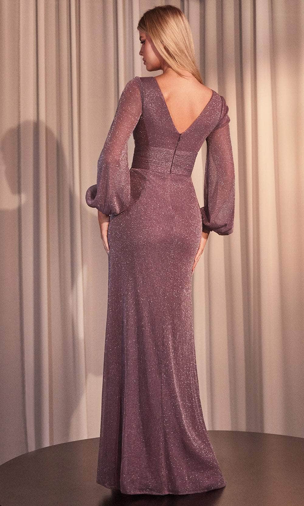Cinderella Divine CK2141 - Long Metallic Woven Sheath Dress - Long Bishop Sleeve, Wide Waistband, Ruched, V-Back, Back Zipper, Full Length ADASA Cinderella Divine CK2141 - Long Metallic Woven Sheath Dress - Long Bishop Sleeve, Wide Waistband, Ruched, V-Back, Back Zipper, Full Length ADASA