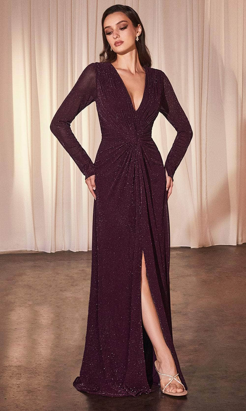 Cinderella Divine CK2989 - Gathered Waist Long Sleeve Prom Dress Mother of the Bride Dresses 6 / Wine