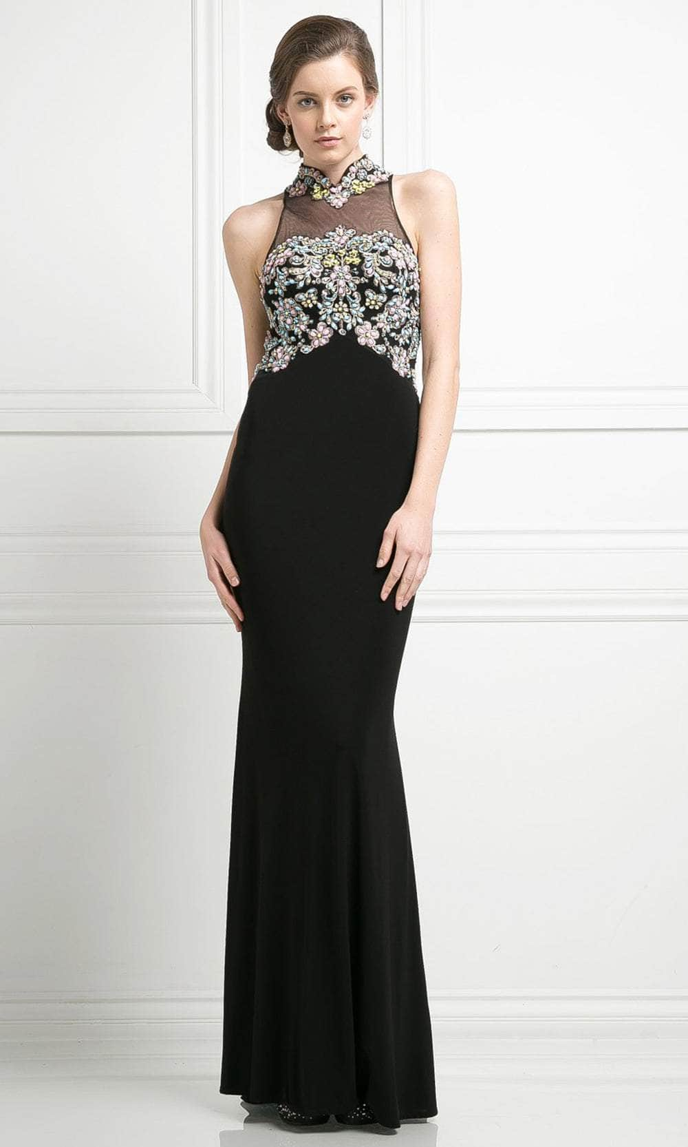 Cinderella Divine CK43 - Rhinestone Accented Halter Gown Evening Dresses 2 / Black