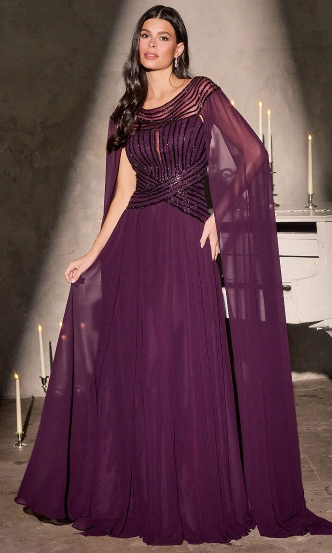Ladivine CL08 - Bateau Neck Beaded Cape Sleeve Gown