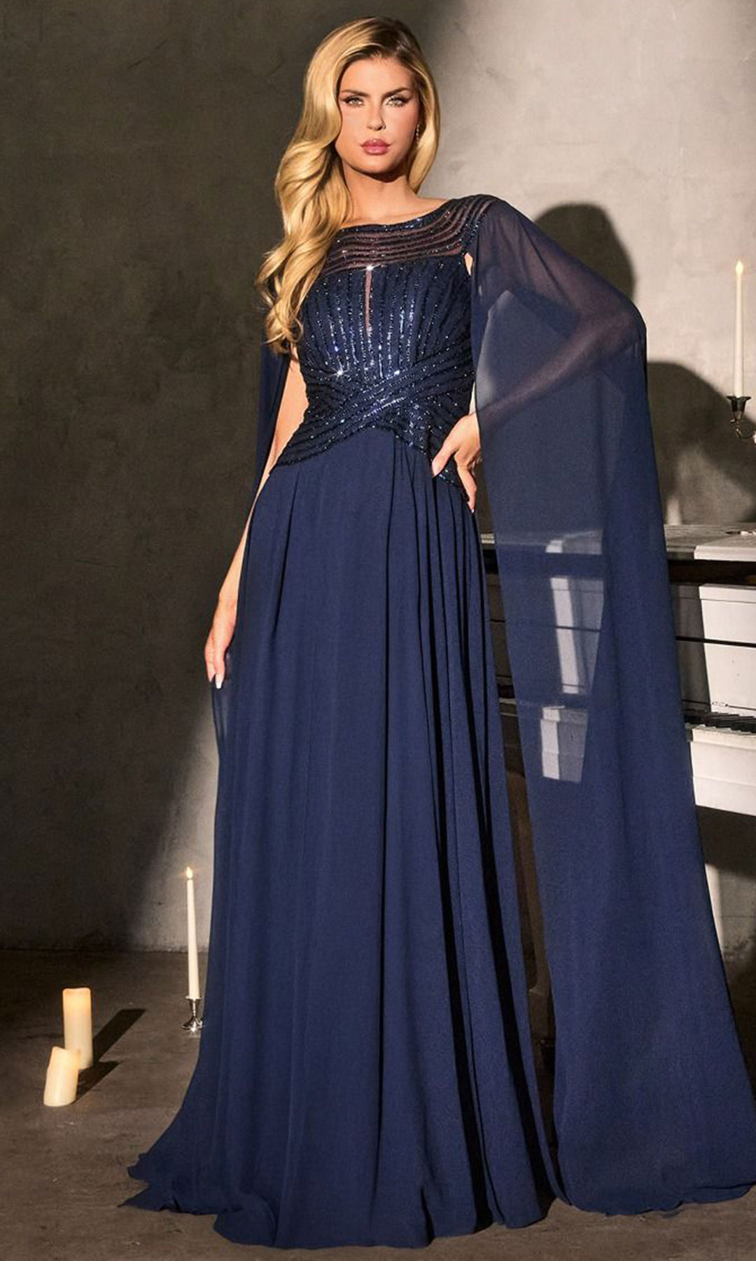 Ladivine CL08 - Bateau Neck Beaded Cape Sleeve Gown