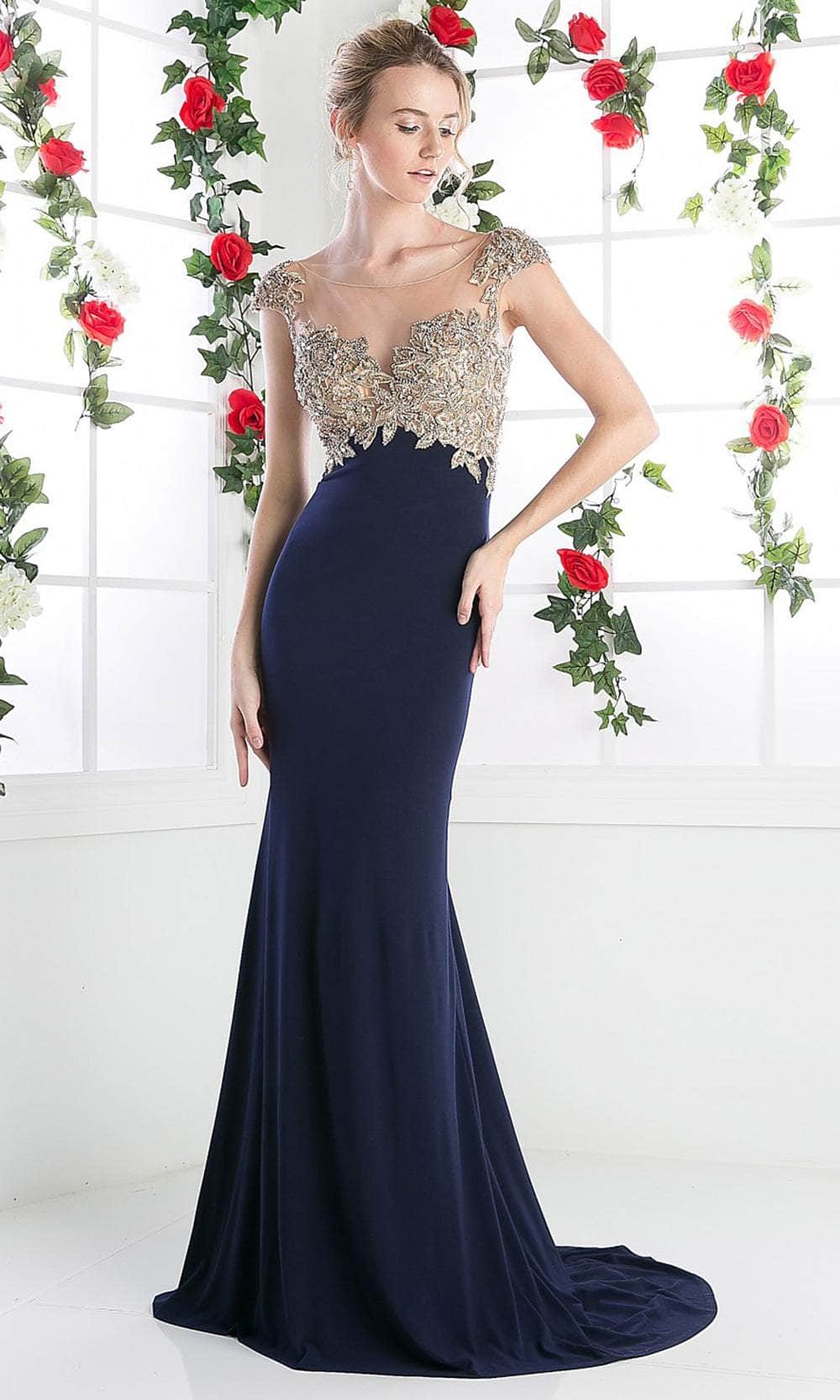 Ladivine CL105 - Illusion Embellished Sheath Long Dress Evening Dresses 2 / Navy-Gold
