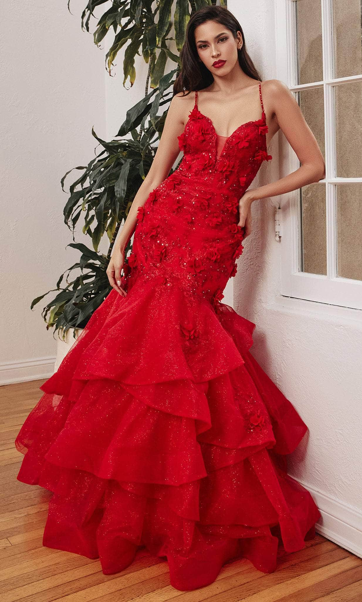 Cinderella Divine CM329 - Floral Detailed Mermaid Tiered Gown Special Occasion Dress 2 / Red