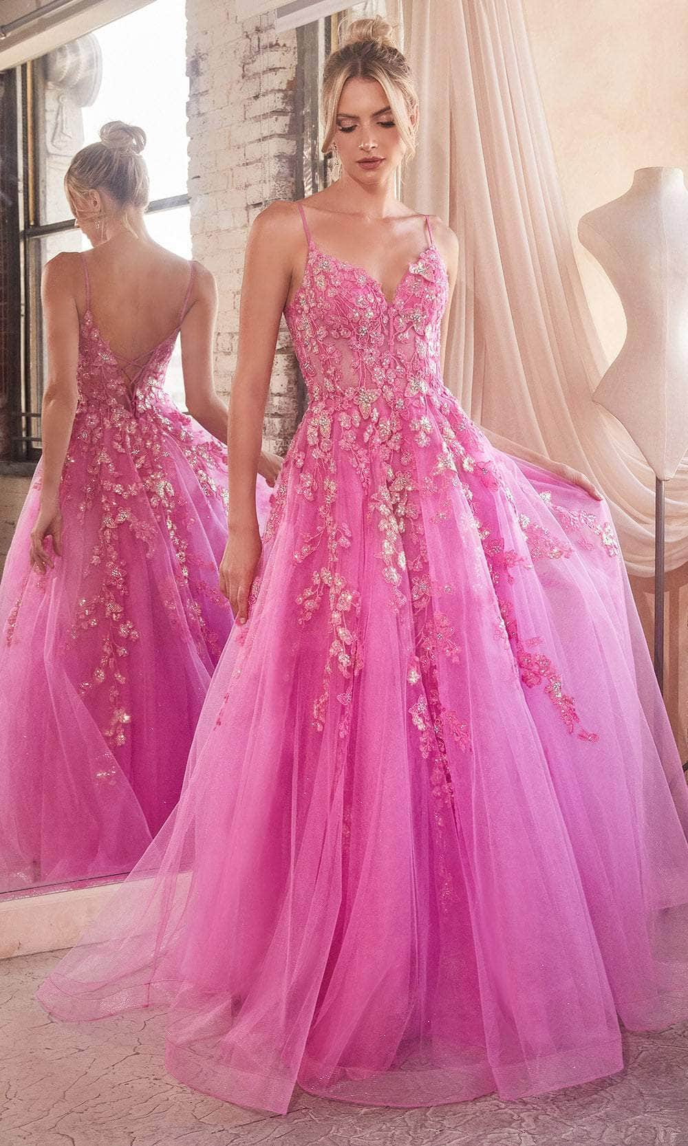 Cinderella Divine CM347 - Glitter Embroidered Sleeveless Prom Gown Ball Gowns 2 / Azalea Pink