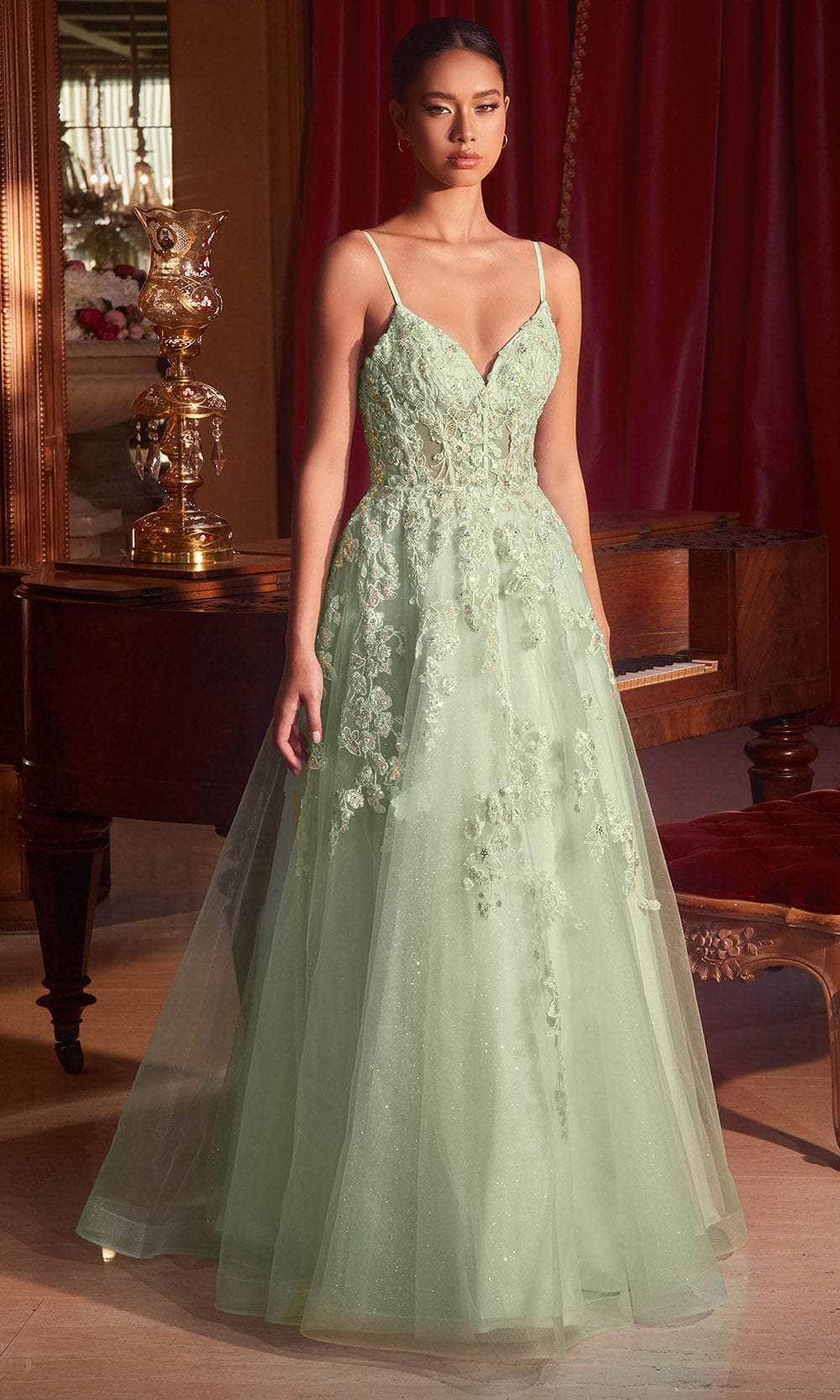 Cinderella Divine CM347 - Glitter Embroidered Sleeveless Prom Gown Ball Gowns 2 / Sage