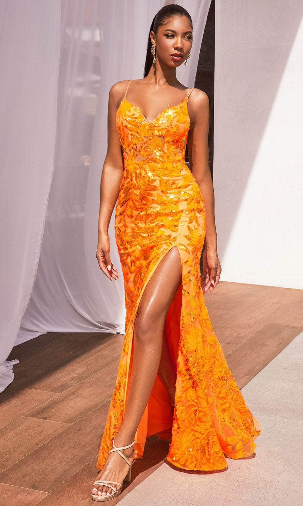 Cinderella Divine CM350 - V-Neck Slit Evening Dress Prom Dresses 2 / Orange