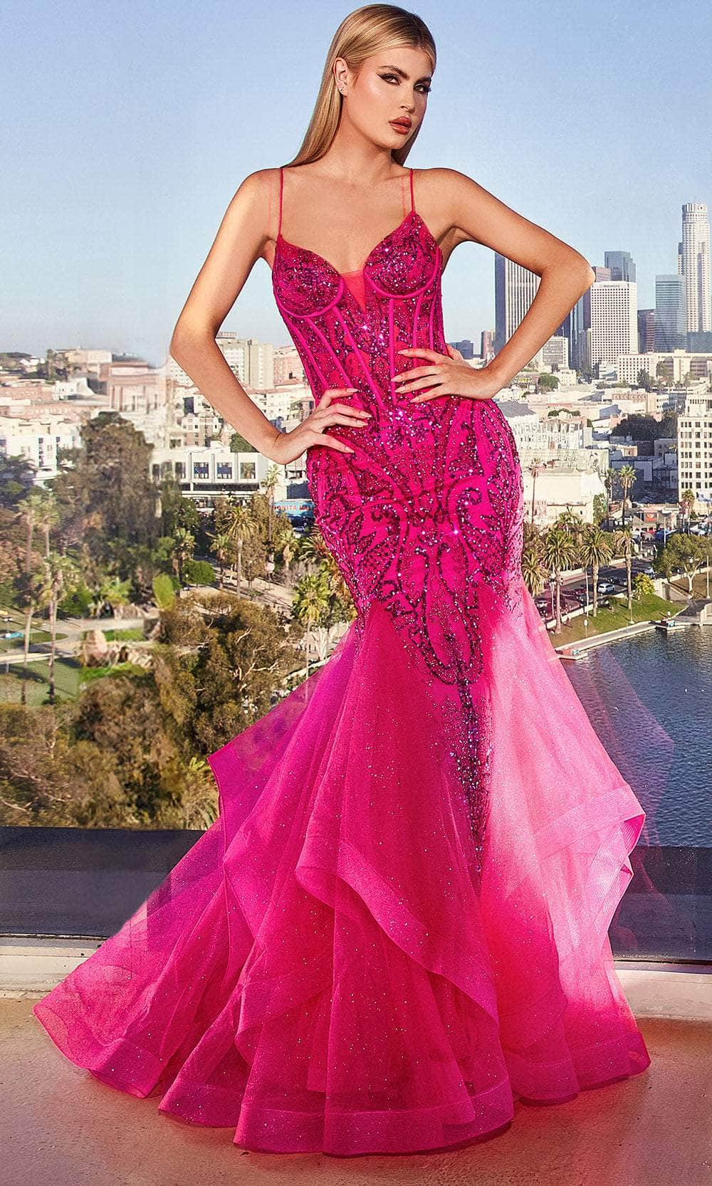 Cinderella Divine CM353 - Sequin V-Neck Prom Gown Evening Dresses 2 / Fuchsia