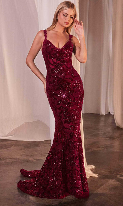 Cinderella Divine CR381 - Sequin Velvet Evening Gown Formal Gowns 2 / Burgundy