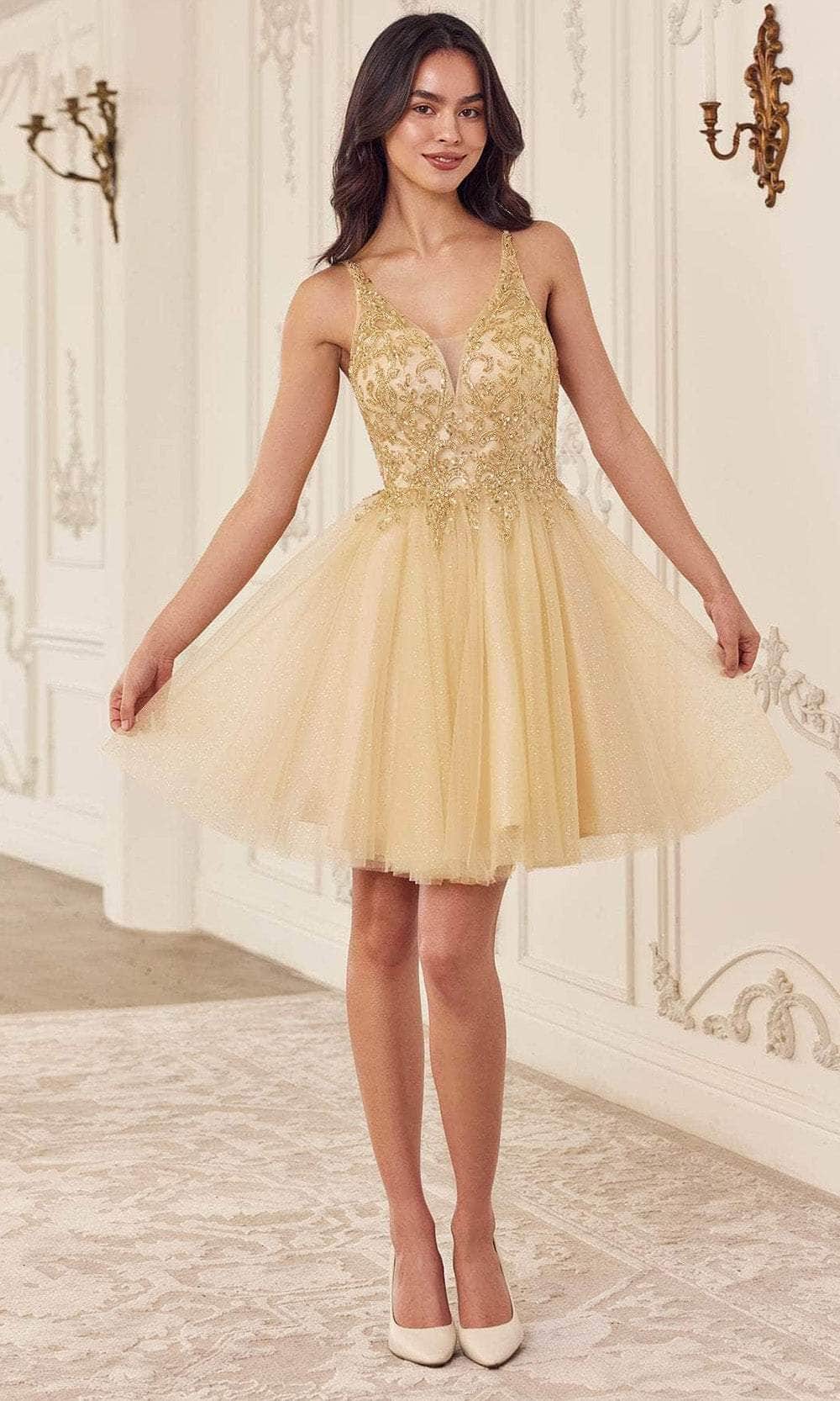 Ladivine CY022 - Glitter Tulle Cocktail Dress Special Occasion Dress XXS / Champagne