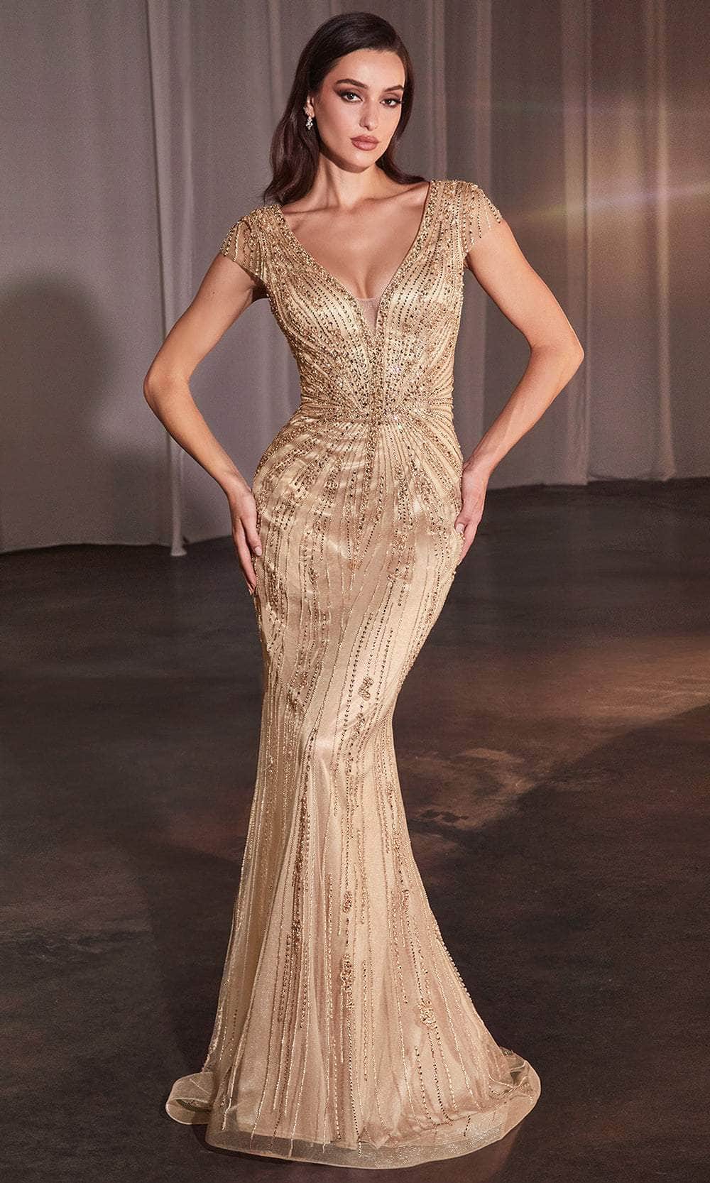Ladivine CZ0029 - Beaded Sheer Cap Sleeve Prom Dress Mother of the Bride Dresses 4 / Gold