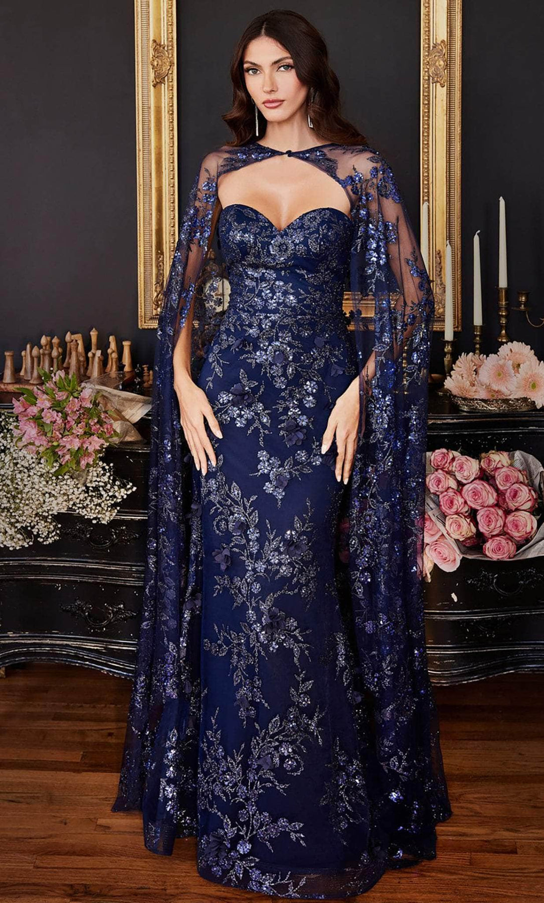 Ladivine J834 - Glitter Cape Prom Dress Prom Dresses 6 / Navy-
