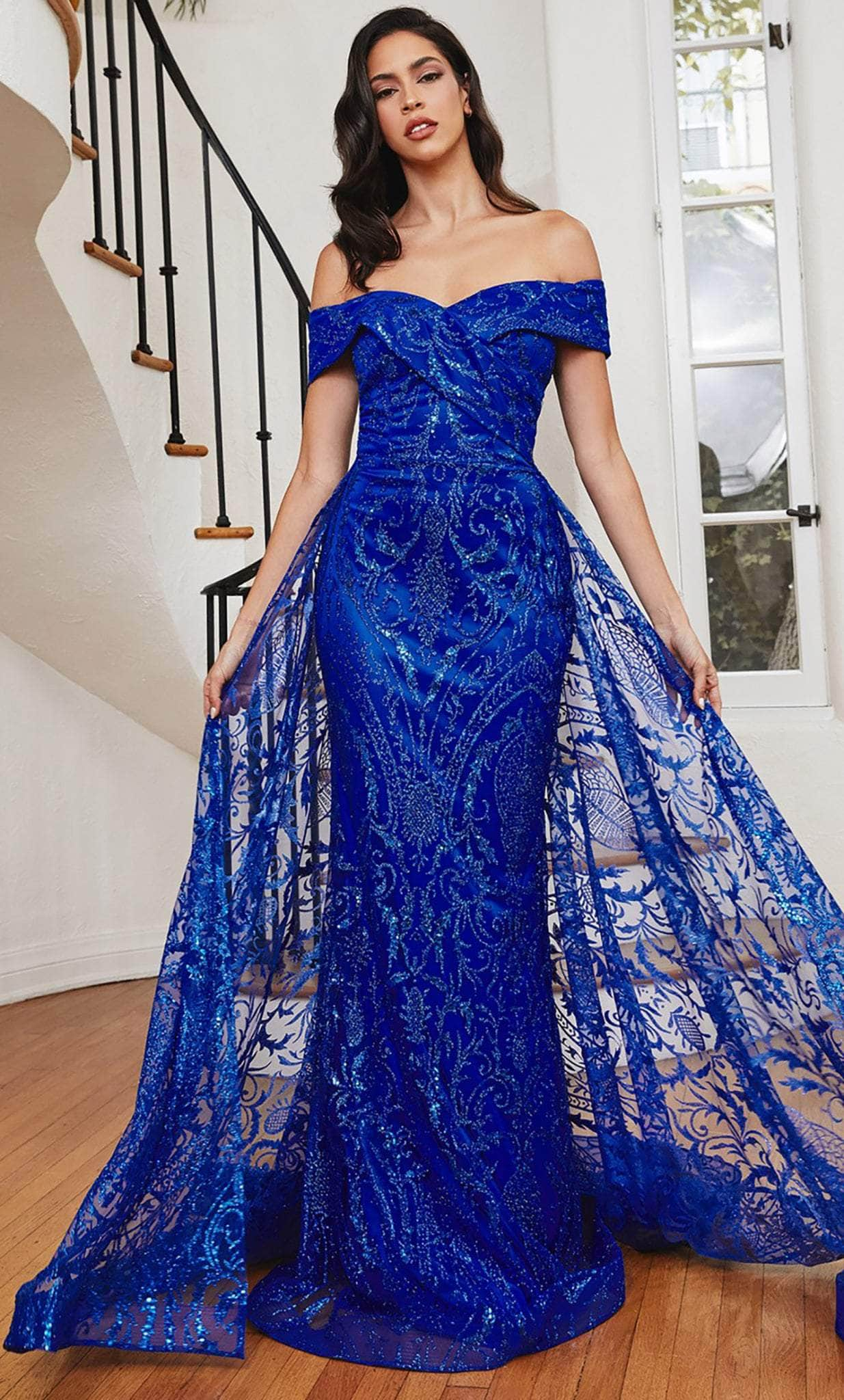 Cinderella Divine J836 - Glitter Overskirt Evening Gown Prom Dresses 6 / Royal-