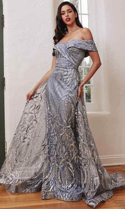 Cinderella Divine J836 - Glitter Overskirt Evening Gown Prom Dresses 6 / Smoky Blue-