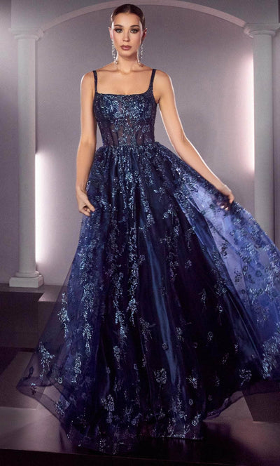 Cinderella Divine J840 - Square Neck Glitter Prom Dress Special Occasion Dress 4 / Navy