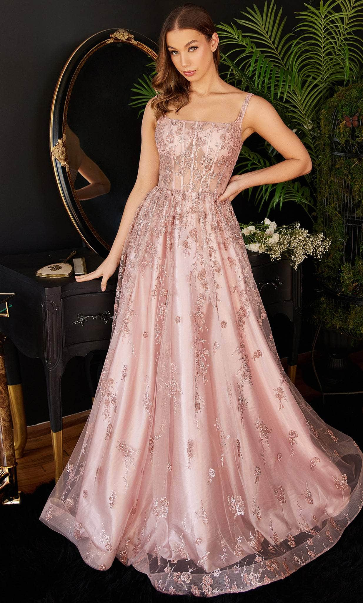 Cinderella Divine J840 - Square Neck Glitter Prom Dress Special Occasion Dress 4 / Rose Gold