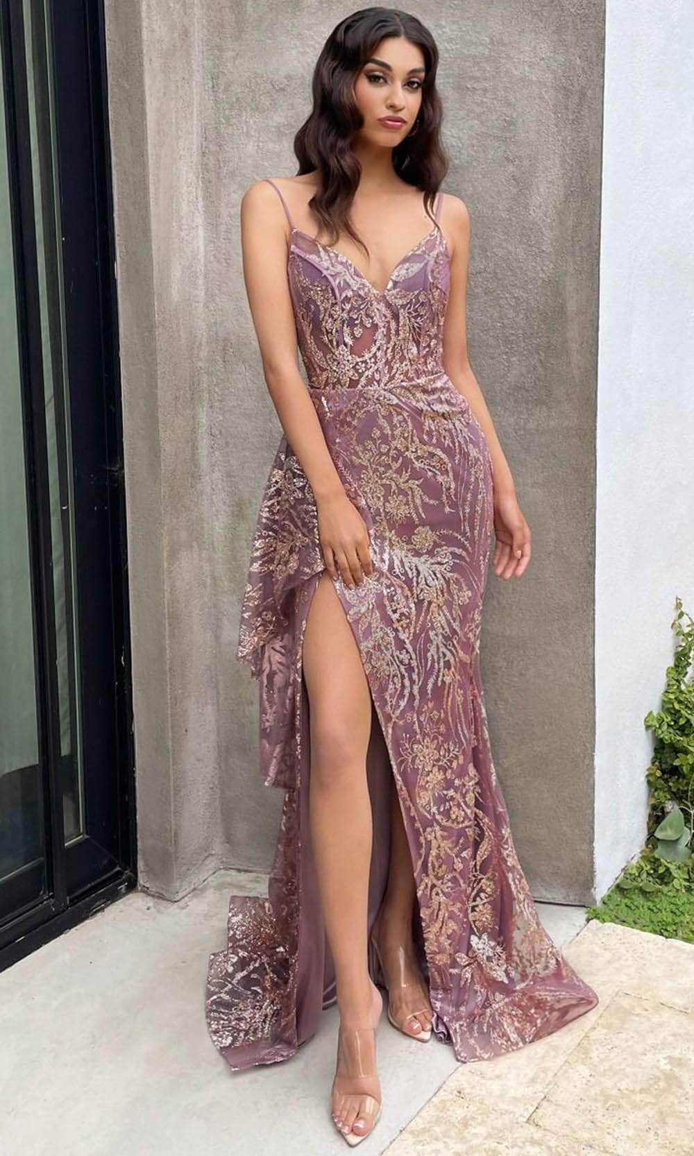 Cinderella Divine J856 - Glitter Print High Slit Gown Special Occasion Dress 2 / Gold-Violet