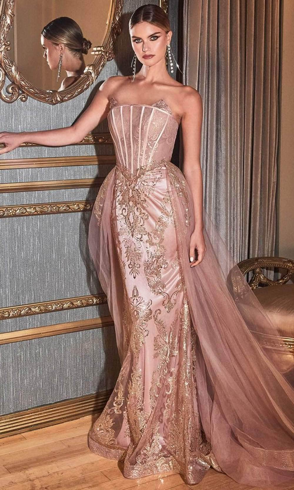 Ladivine J858 - Embroidered Off-Shoulder Sheath Gown Special Occasion Dress 2 / Rose Gold