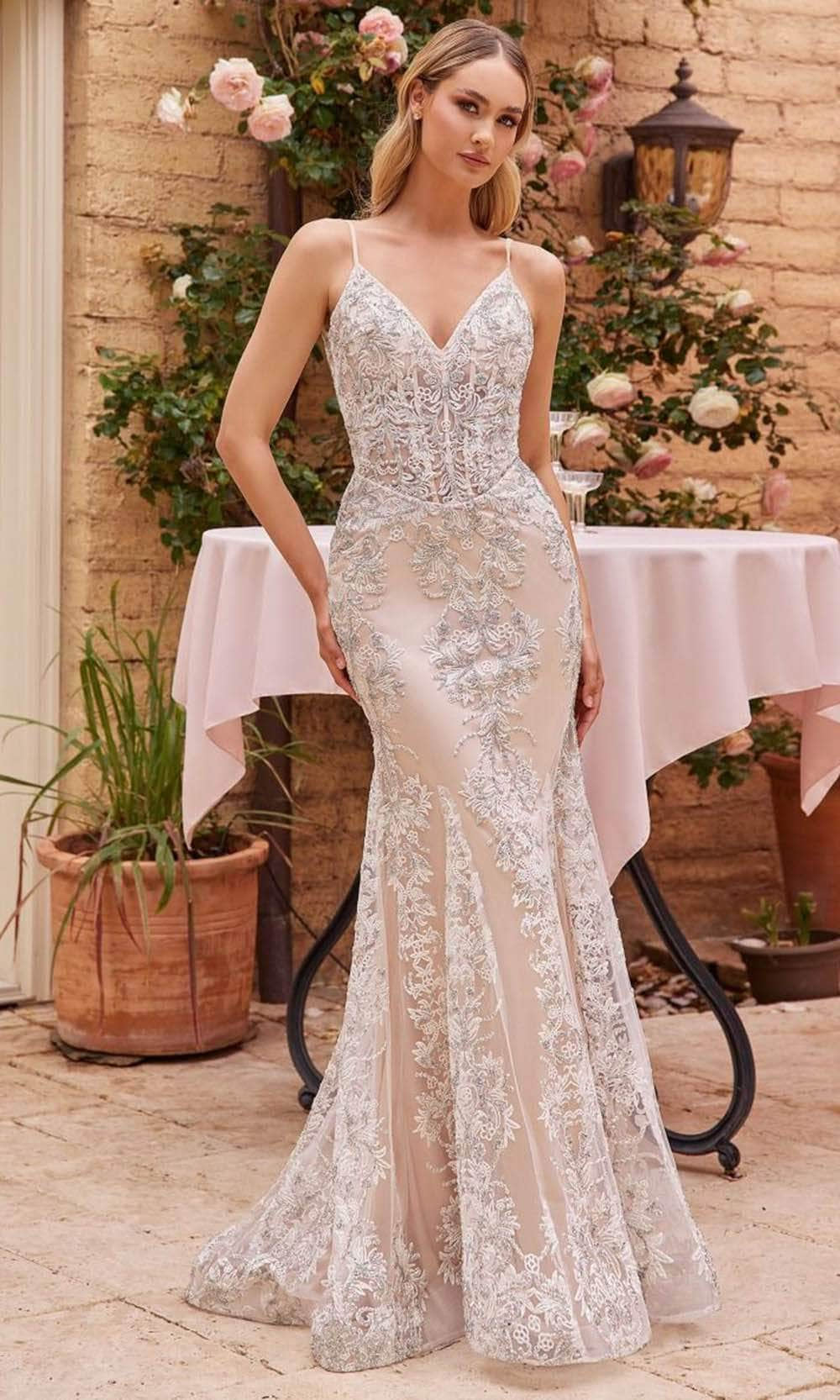 Cinderella Divine J859W - Sleeveless Embroidered Bridal Gown Bridal Dresses 2 / Off White-Nude