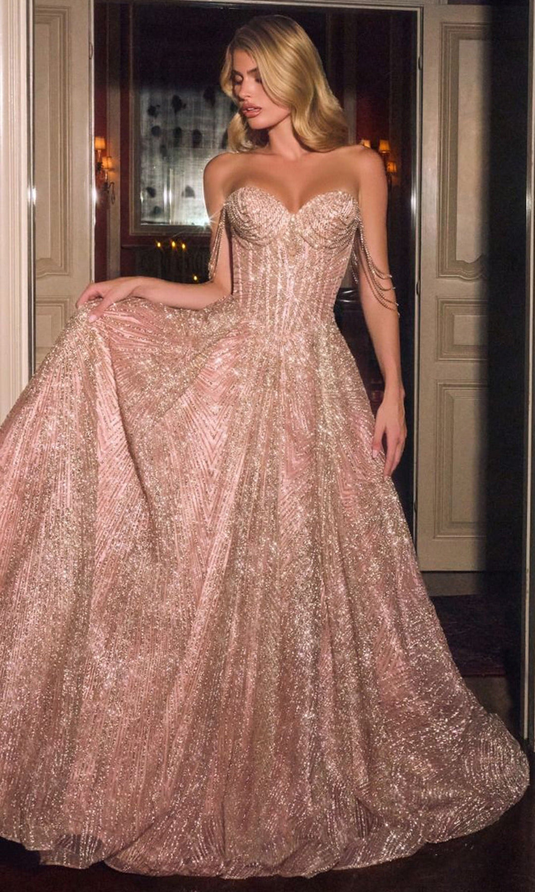 Ladivine J915 - Lace-Up Back Draped Arm Chain Prom Gown