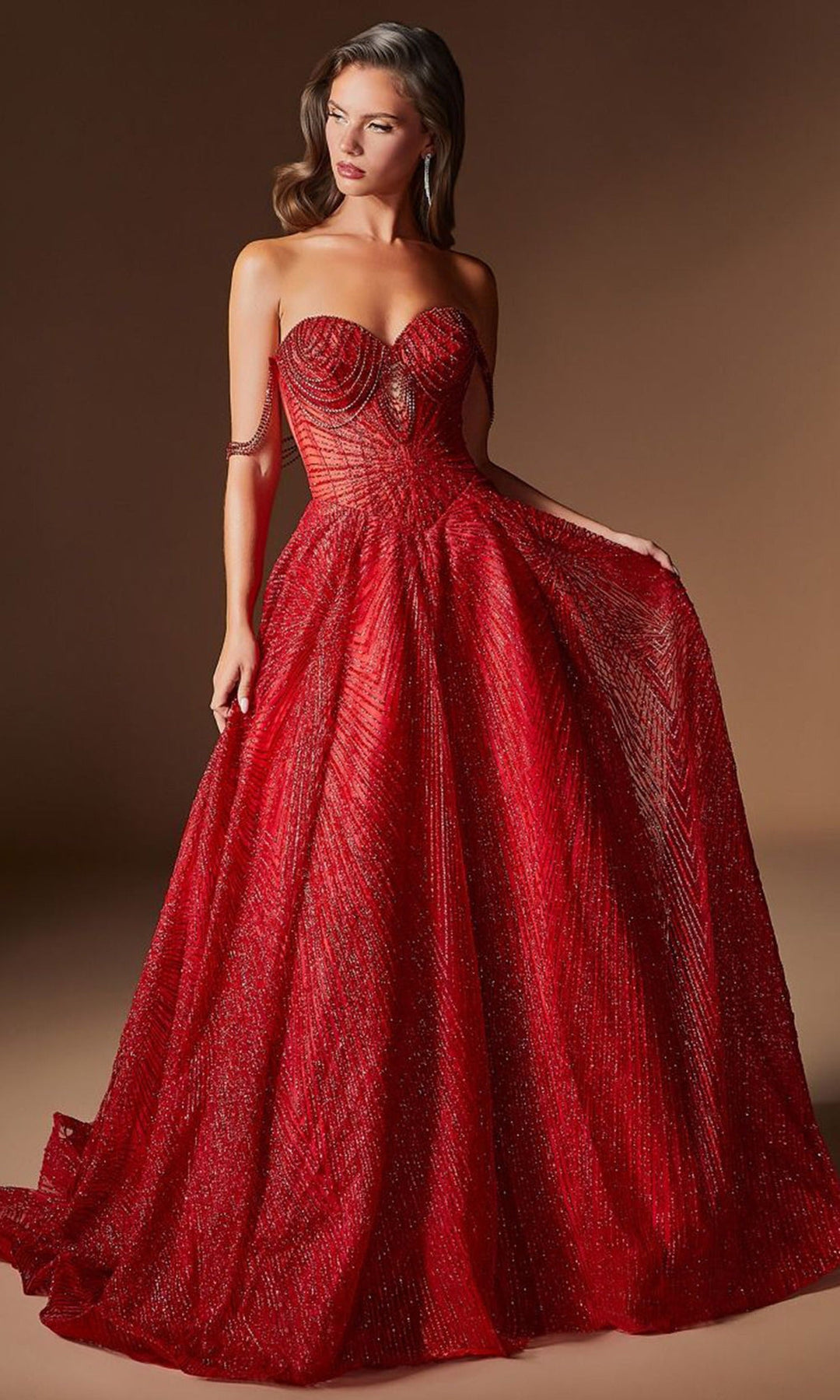 Ladivine J915 - Lace-Up Back Draped Arm Chain Prom Gown
