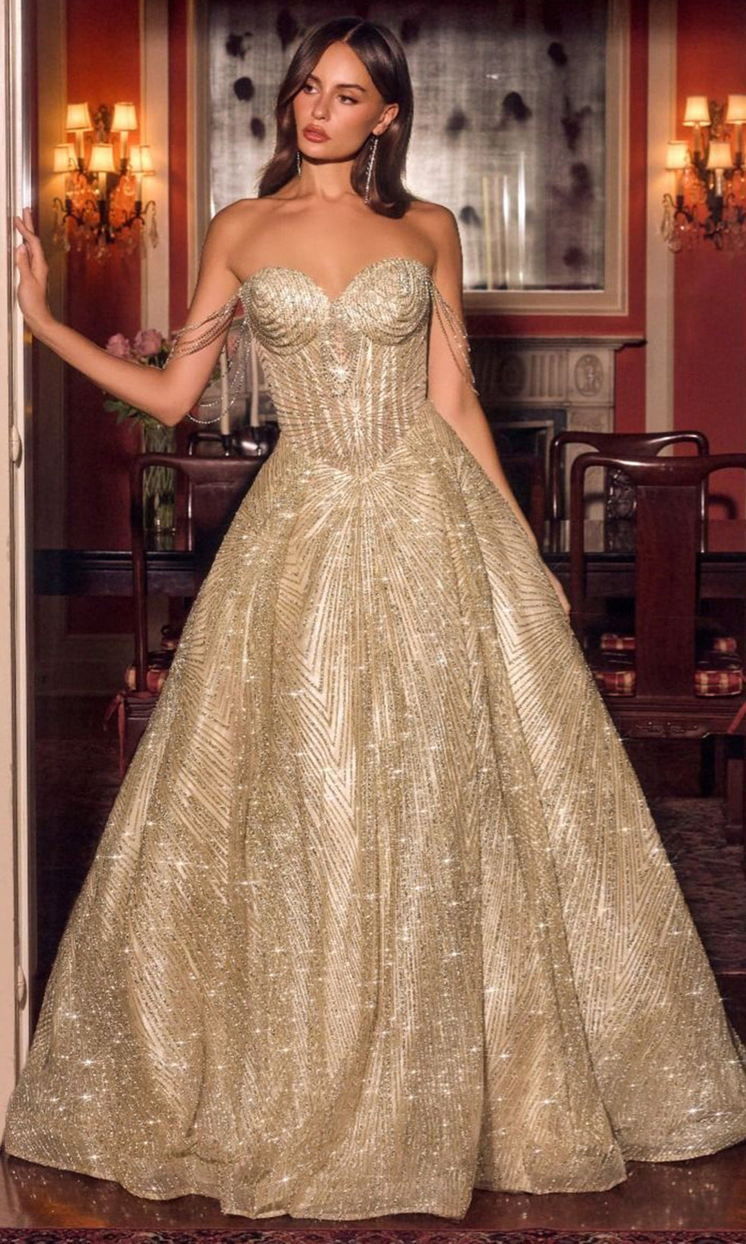 Ladivine J915 - Lace-Up Back Draped Arm Chain Prom Gown