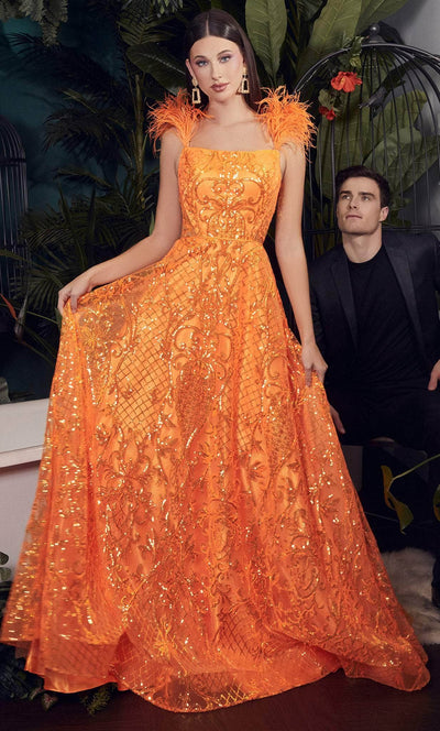 Cinderella Divine KV1076 - Sleeveless Feathered A-line Gown Special Occasion Dress 2 / Neon Orange