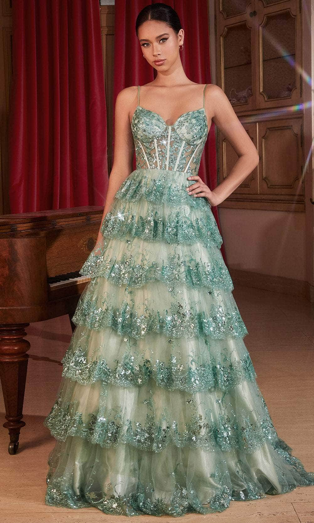 Cinderella Divine KV1108 - Embroidered Tiered A-line Prom Gown Prom Dresses 2 / Sage