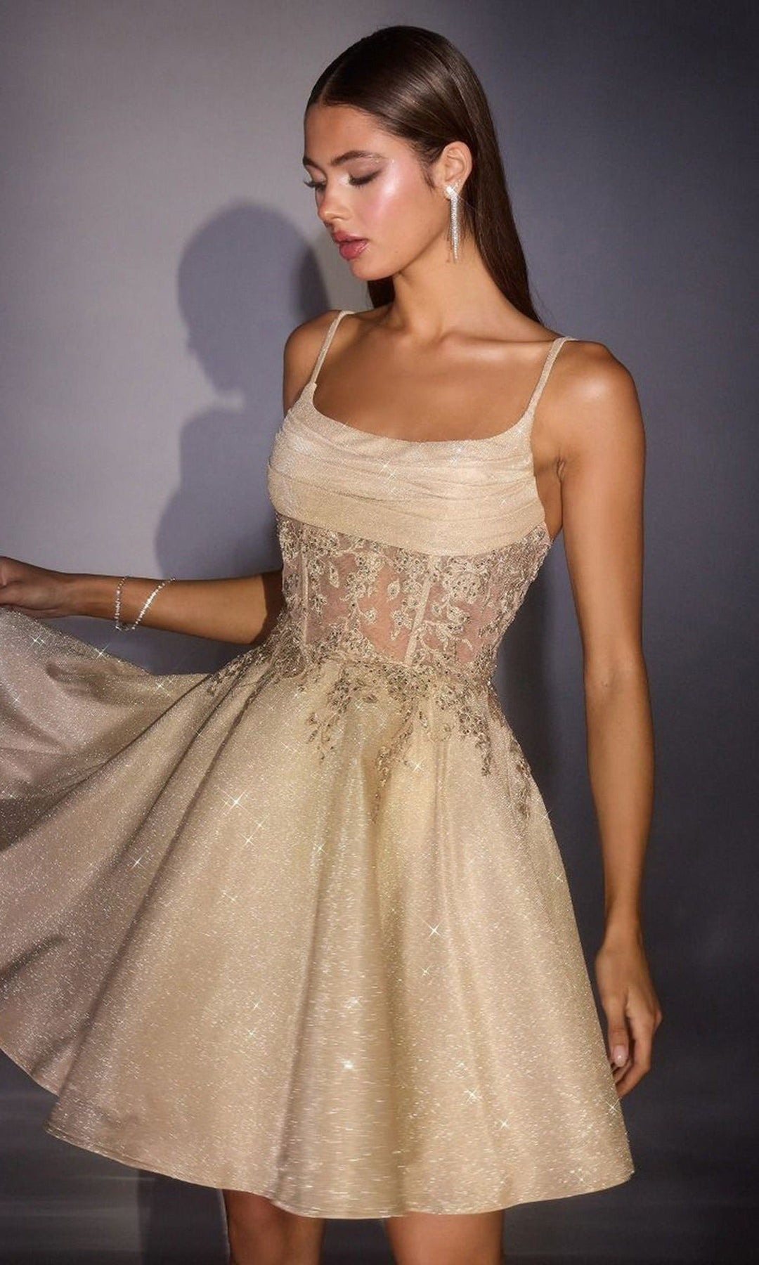 Ladivine KV1152 - Lace Applique Glitter Sleeveless Dress
