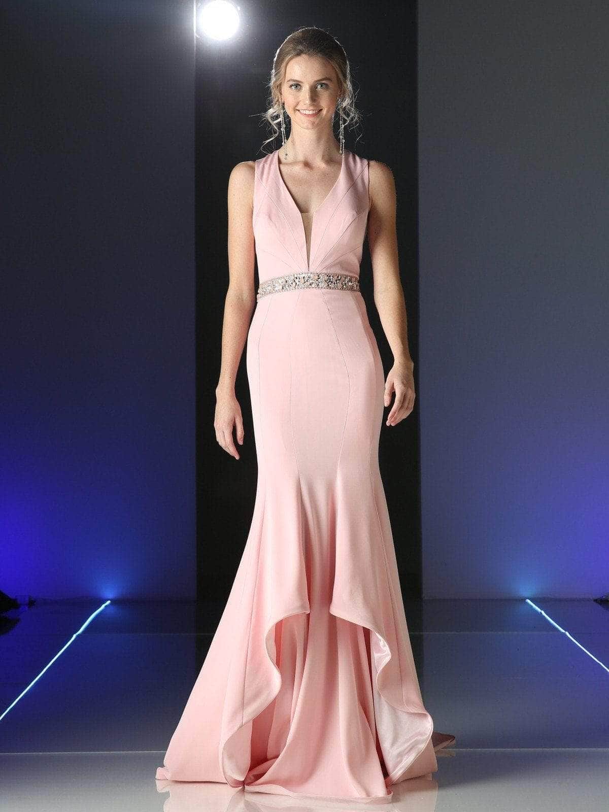 Ladivine P107 - Deep V-Neck Beaded Accents Evening Gown Evening Dresses 2 / Blush