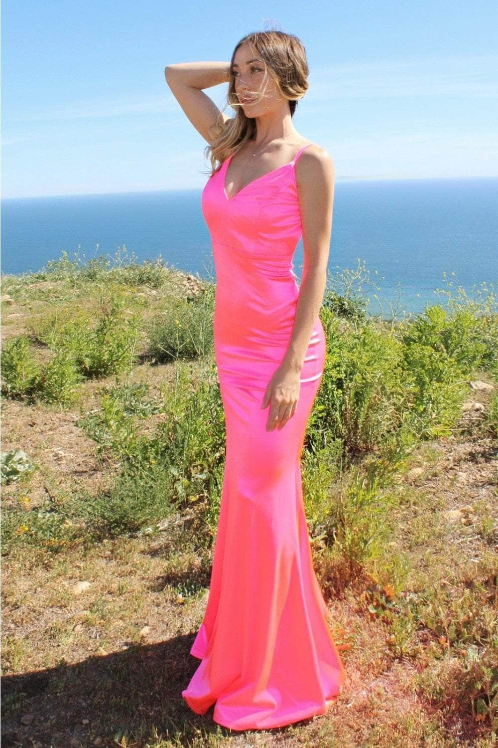 Cinderella Divine SE016 - Backless Satin Long Dress Evening Dresses XXS / Neon Fuchsia