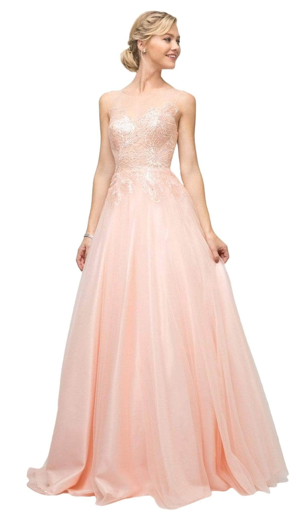 Ladivine UE009 - Lace Bodice and Illusion Neckline Bridesmaid Dress Bridesmaid Dresses 4 / Lt Peach