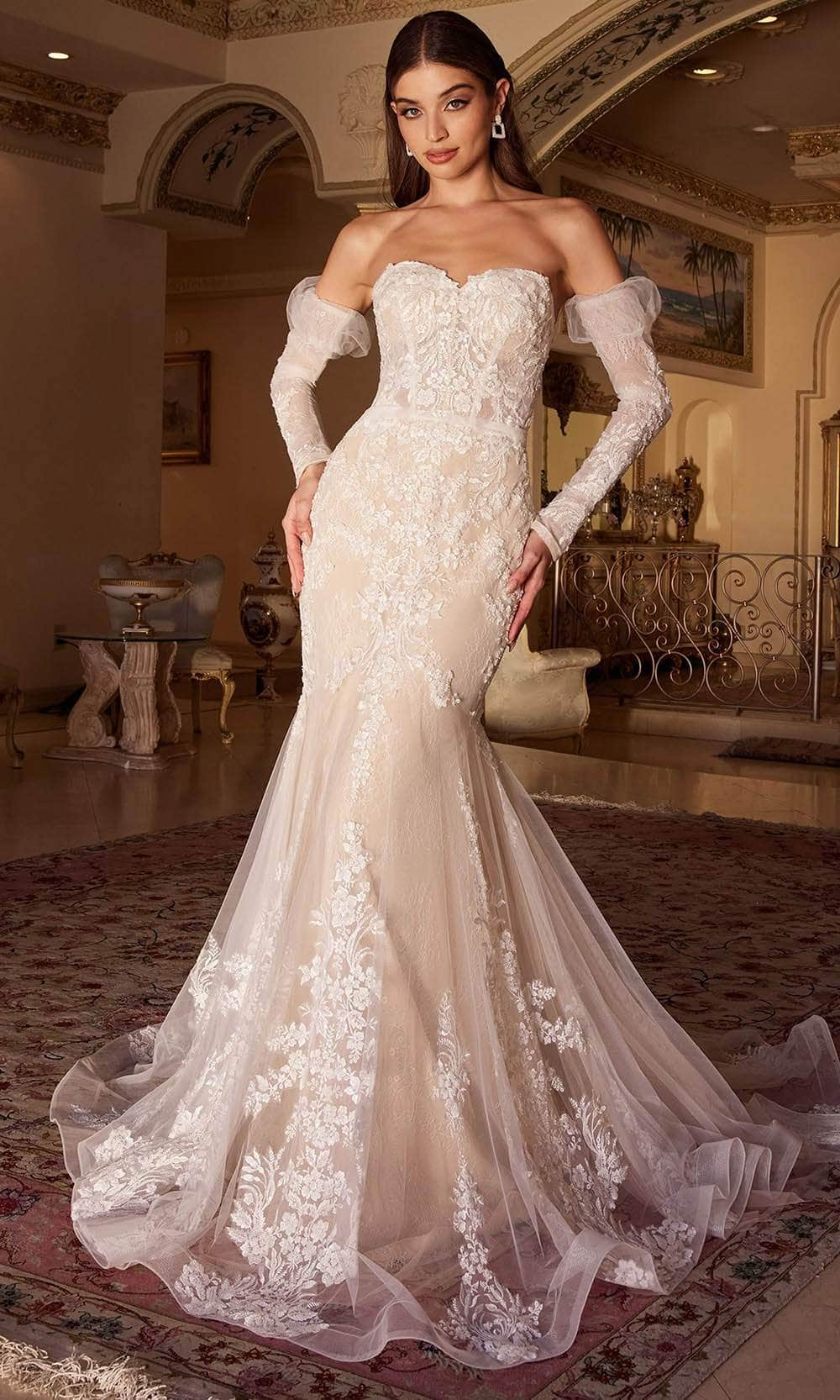 Cinderella Divine WL008 - Lace Embellished Strapless Bridal Gown Bridal Dresses 2 / Off White-Nude