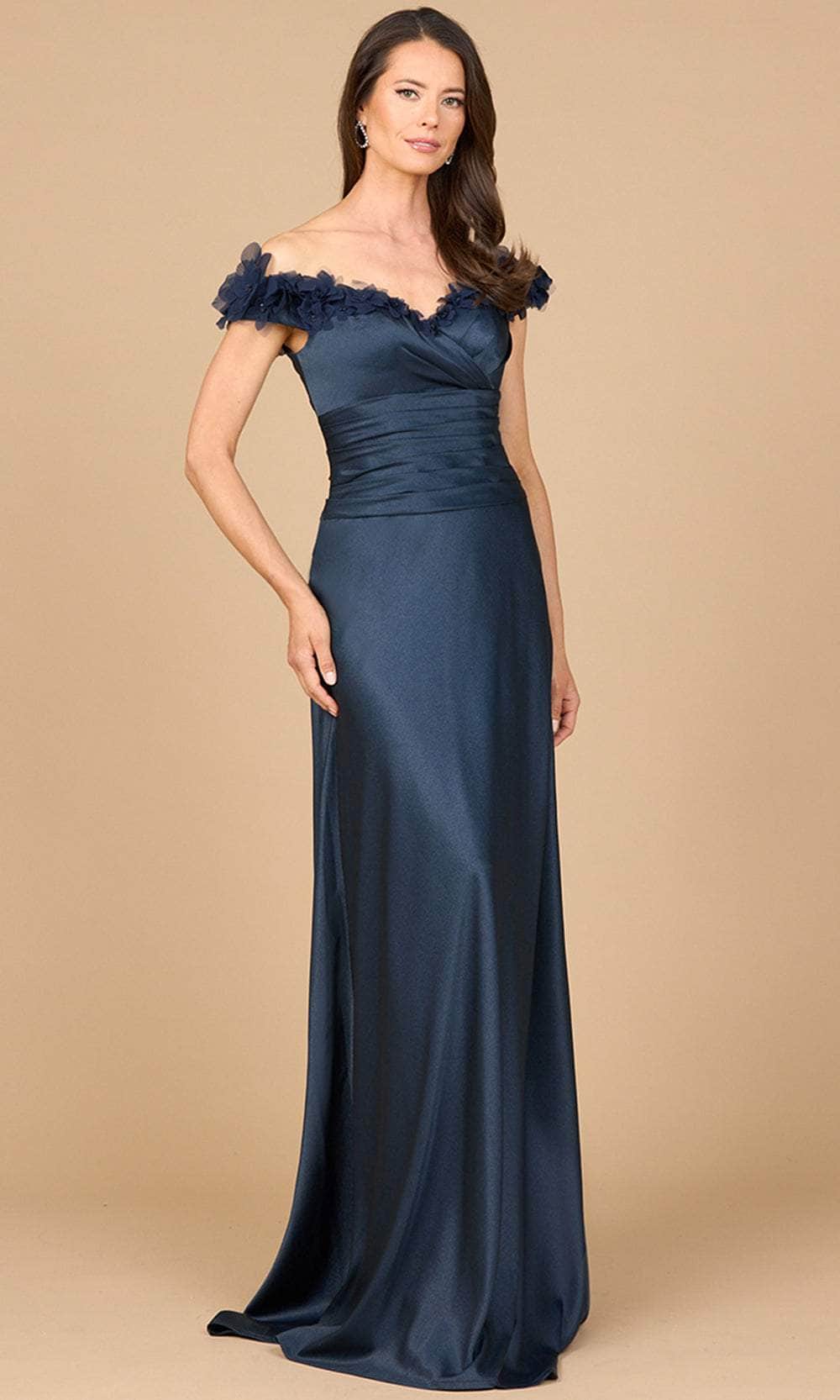 Lara Dresses 28917 - Long Satin A-Line Dress - Off Shoulder, Cap Sleeve, 3D Floral Applique, Pleated, Wide Waistband, V-Back, Floor Length ADASA Lara Dresses 28917 - Long Satin A-Line Dress - Off Shoulder, Cap Sleeve, 3D Floral Applique, Pleated, Wide Waistband, V-Back, Floor Length ADASA
