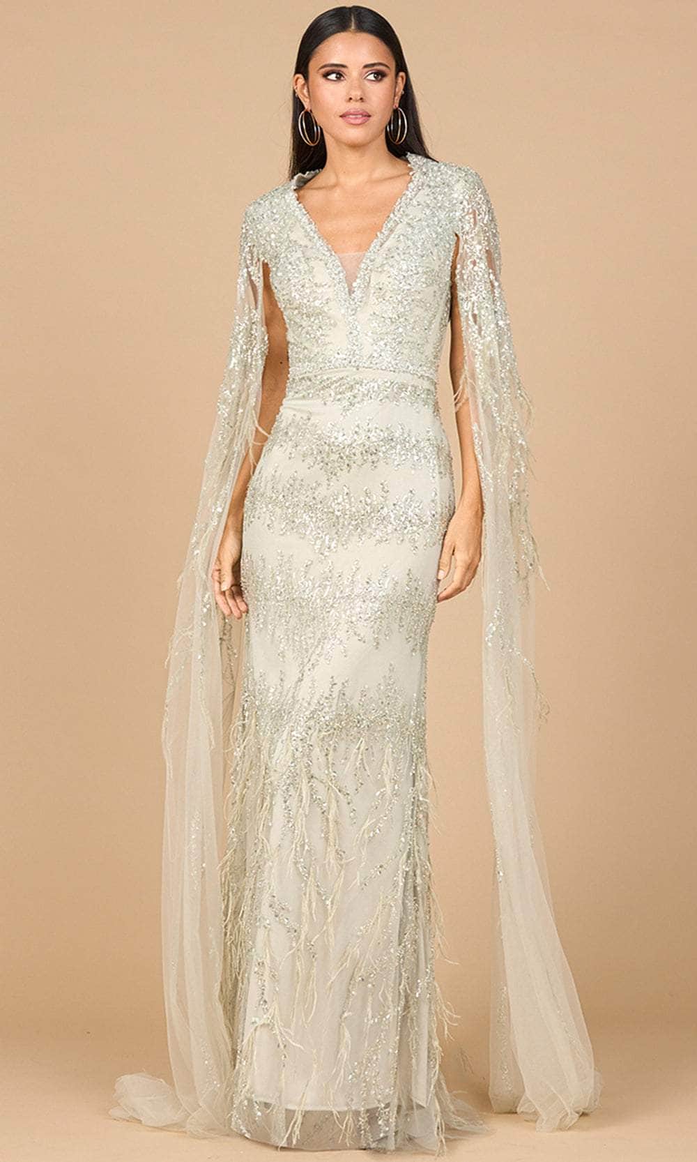 Lara Dresses 28969 - Long Column Dress - Long Cape Sleeves, Sheer Insert, Feather Details, Back Zipper Closure 22 / Sage Lara Dresses 28969 - Long Column Dress - Long Cape Sleeves, Sheer Insert, Feather Details, Back Zipper Closure 22 / Sage