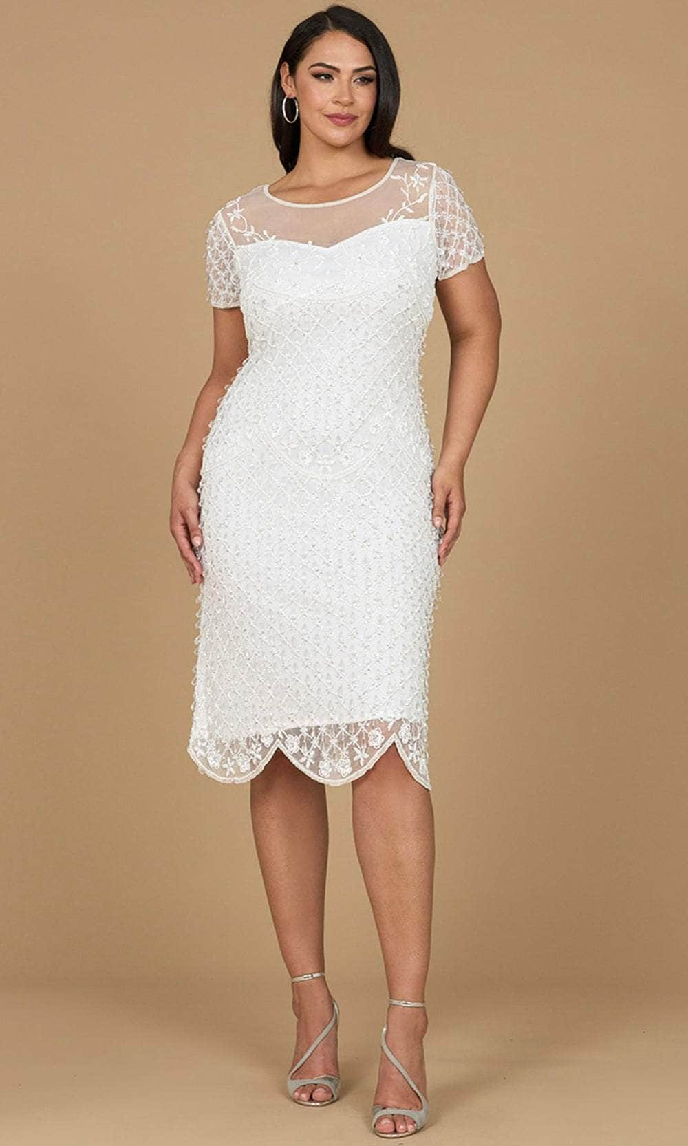 Lara Dresses 51188 - Beaded Short Sleeve Midi Dress Semi Formal 0 / Ivory