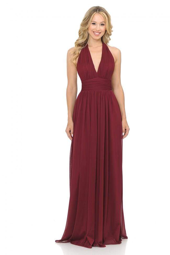 Lenovia - Shirr-Ornate Plunging Halter A-Line Dress 5202 - 1 pc Burgundy In Size M Available CCSALE M / Burgundy
