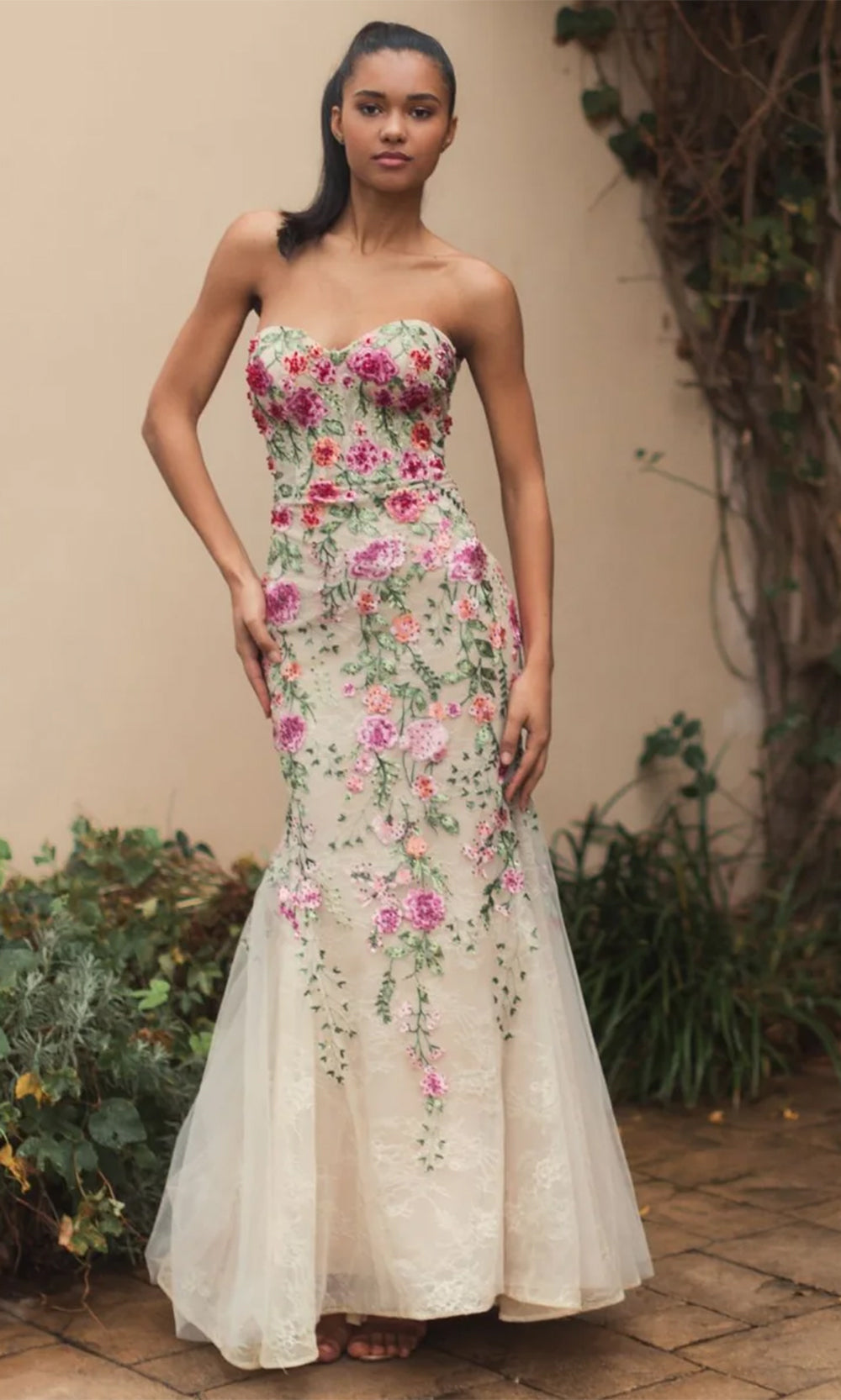 Beige Strapless Bustier Floral Embroidered Mermaid Gown